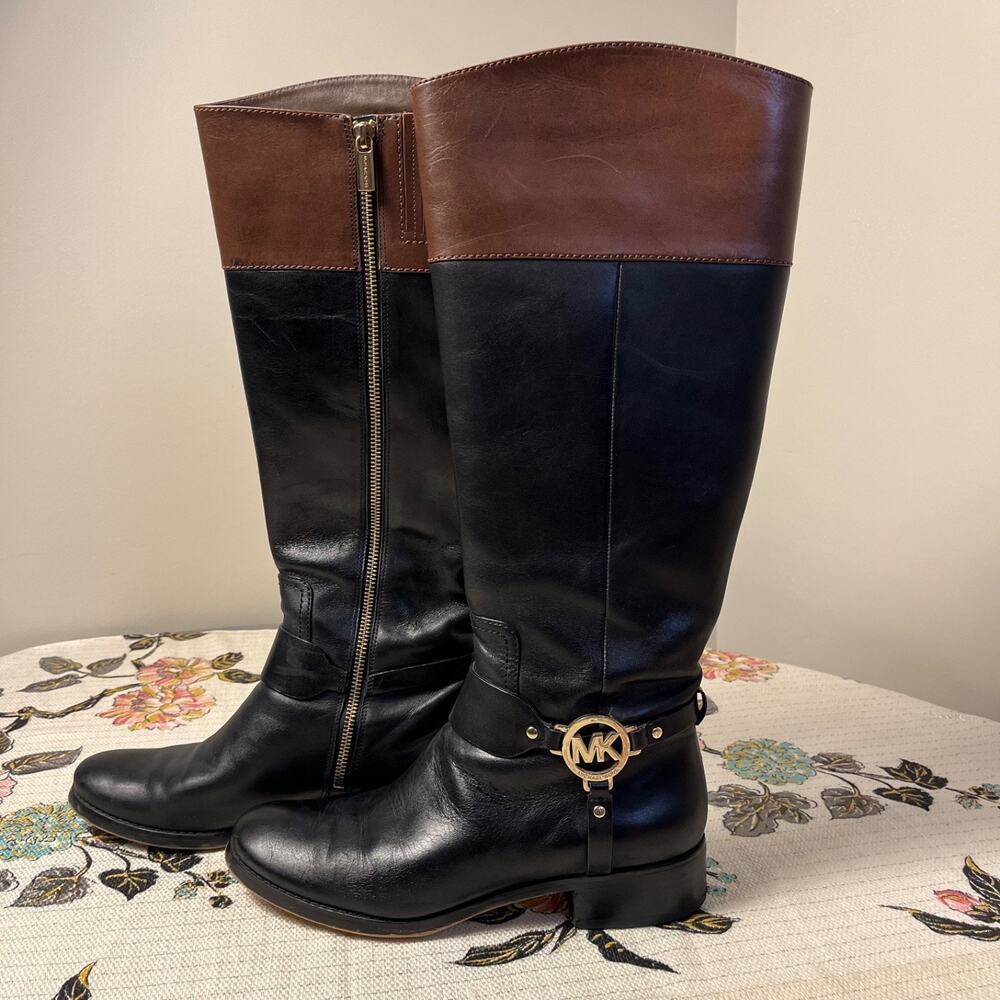 Michael Kors Black/Brown Size 9 Fulton Leather Harness Tall Riding Boots